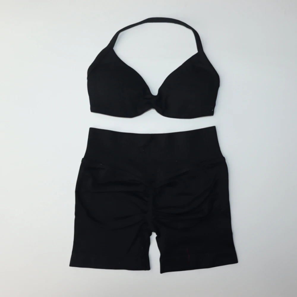 2 Piece Women’s Yoga Set – Strappy Sports Bra & Scrunch Shorts Gym Activewear