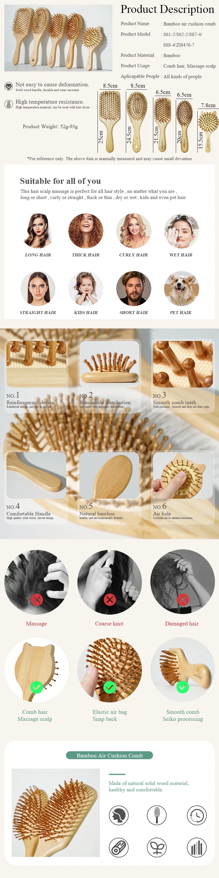 Natural Bamboo Hair Brush – Wooden Anti-Static Detangler & Scalp Massage Comb