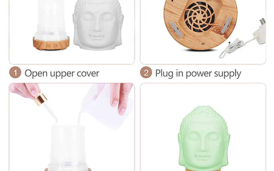 Buddha Head Essential Oil Diffuser – 100ml Aromatherapy Ultrasonic Humidifier with LED Night Light