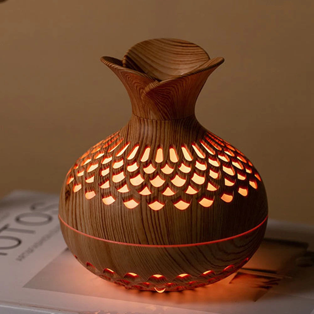 300ml Wood Grain Flower Diffuser – USB Rechargeable Aromatherapy Humidifier with Light