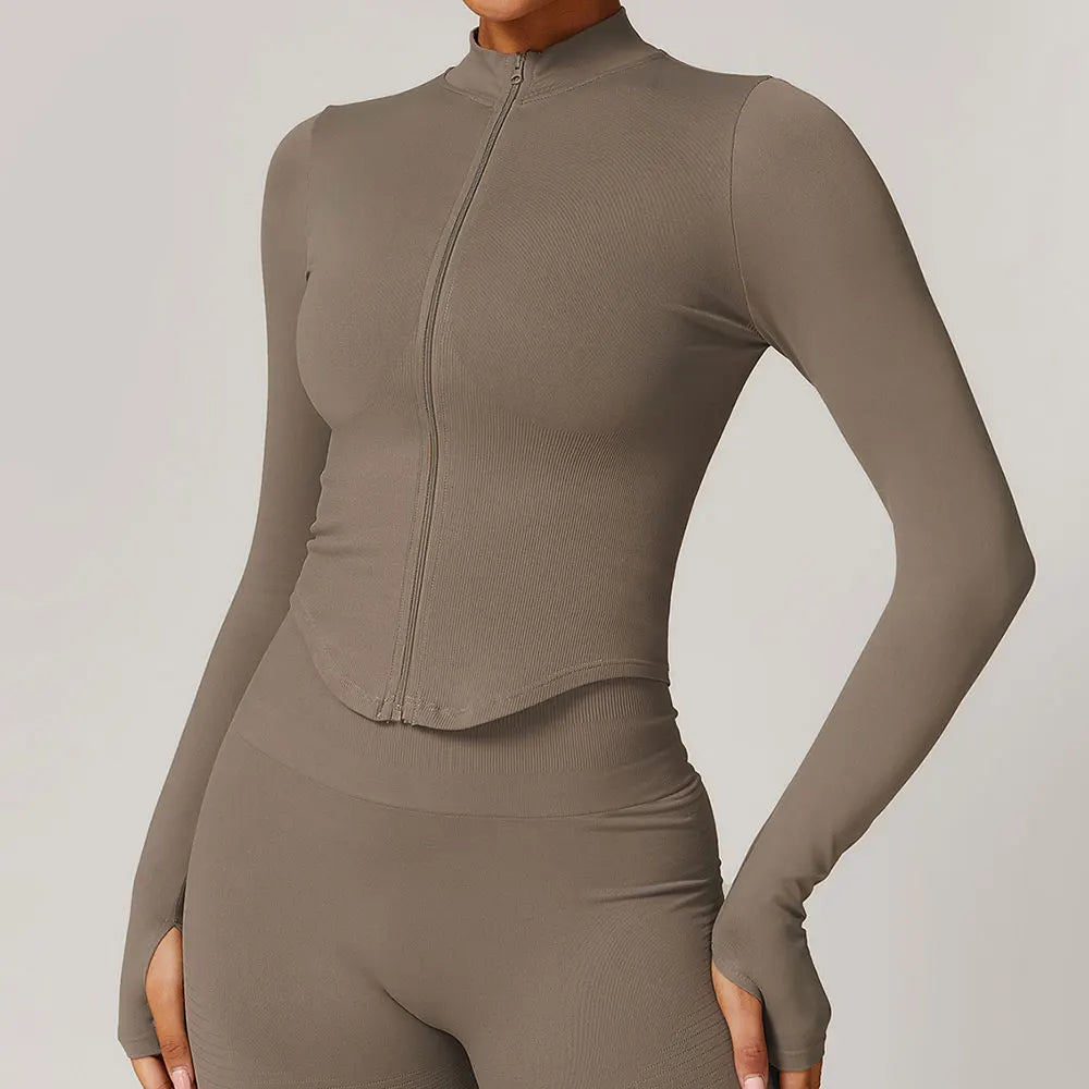 🔥 Women’s Zipper Crop Jacket – Long Sleeve Yoga Sports Top