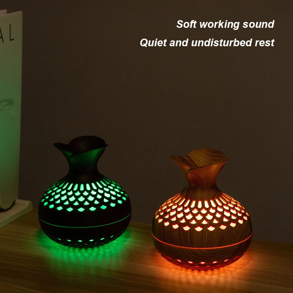 300ml Wood Grain Flower Diffuser – USB Rechargeable Aromatherapy Humidifier with Light