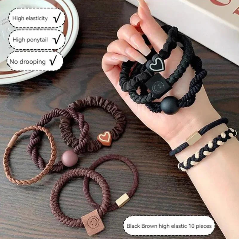 10pcs High Elastic Hair Bands Set – Simple Leather Ponytail Holders