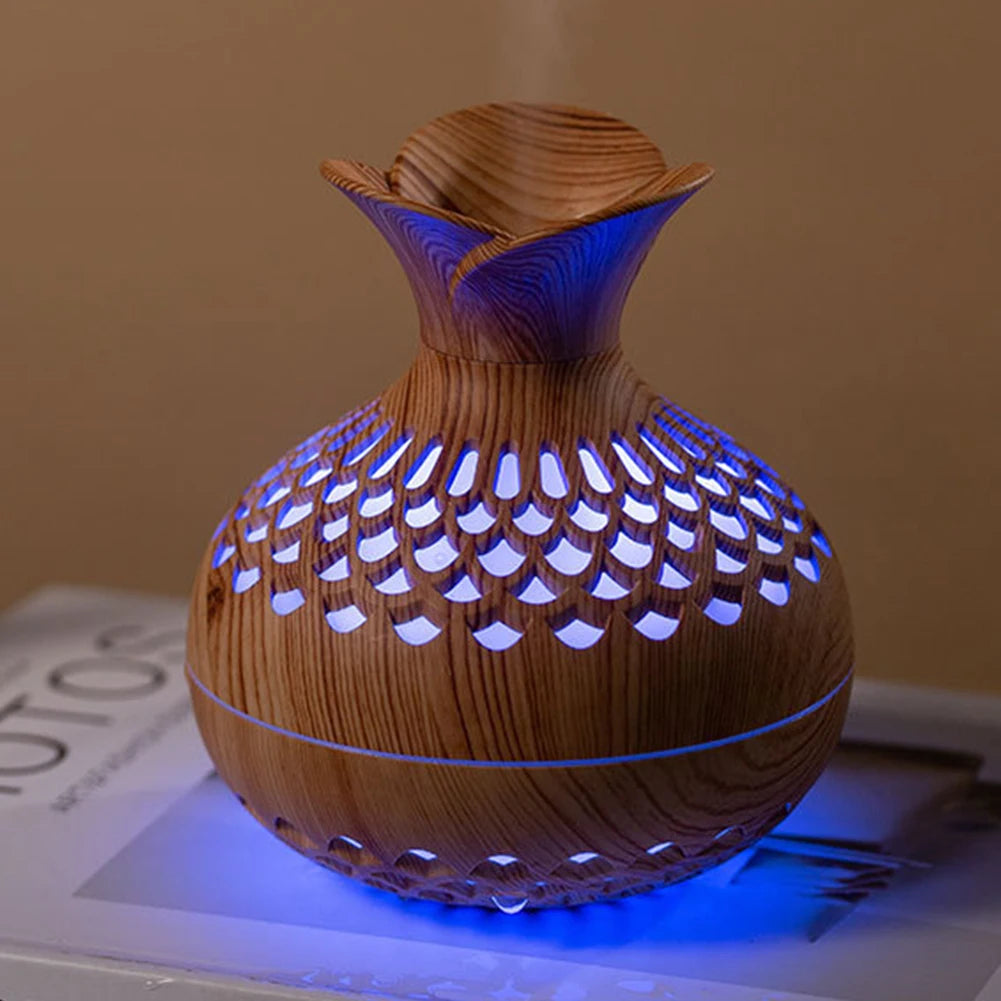 300ml Wood Grain Flower Diffuser – USB Rechargeable Aromatherapy Humidifier with Light