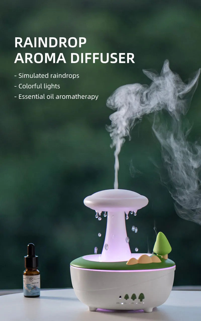 Mushroom Raindrop Aroma Diffuser – Night Light Essential Oil Humidifier for Home