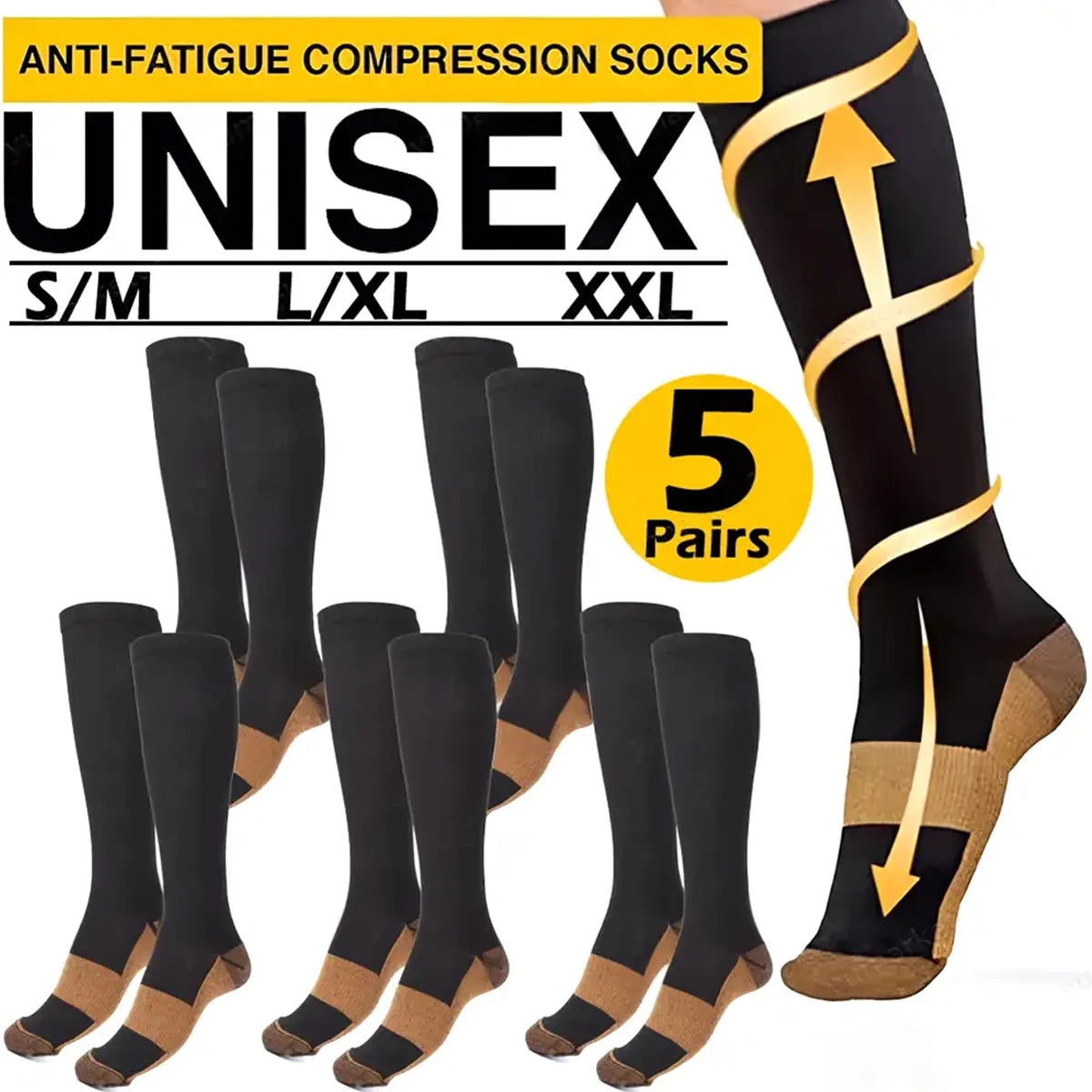5 Pairs Copper Compression Socks – Anti-Fatigue & Anti-Varicose Support Stockings