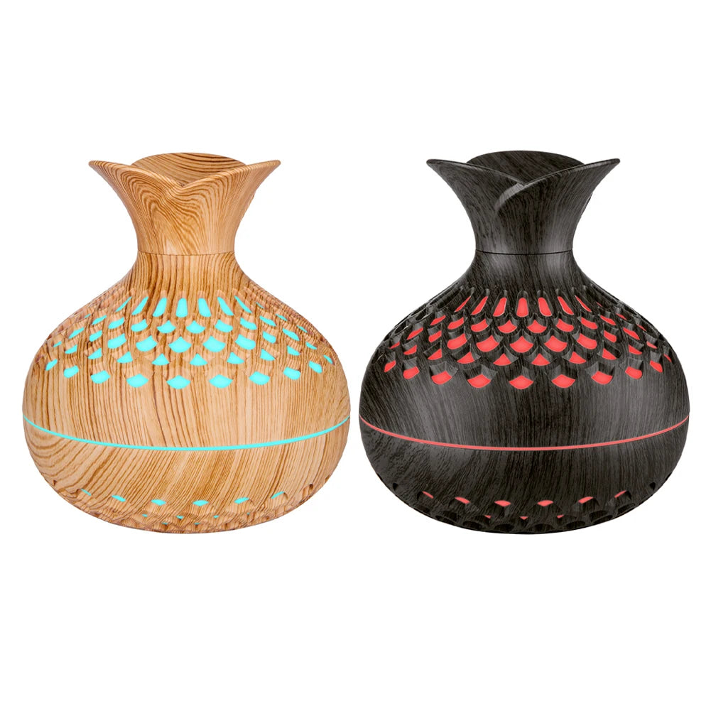 300ml Wood Grain Flower Diffuser – USB Rechargeable Aromatherapy Humidifier with Light