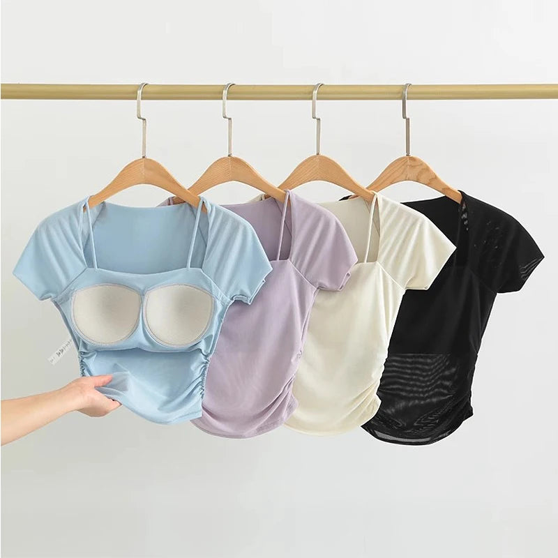 💪 Short Sleeve Padded Yoga Shirt – Sports Crop Top T-Shirt for Women