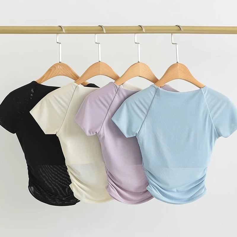 💪 Short Sleeve Padded Yoga Shirt – Sports Crop Top T-Shirt for Women