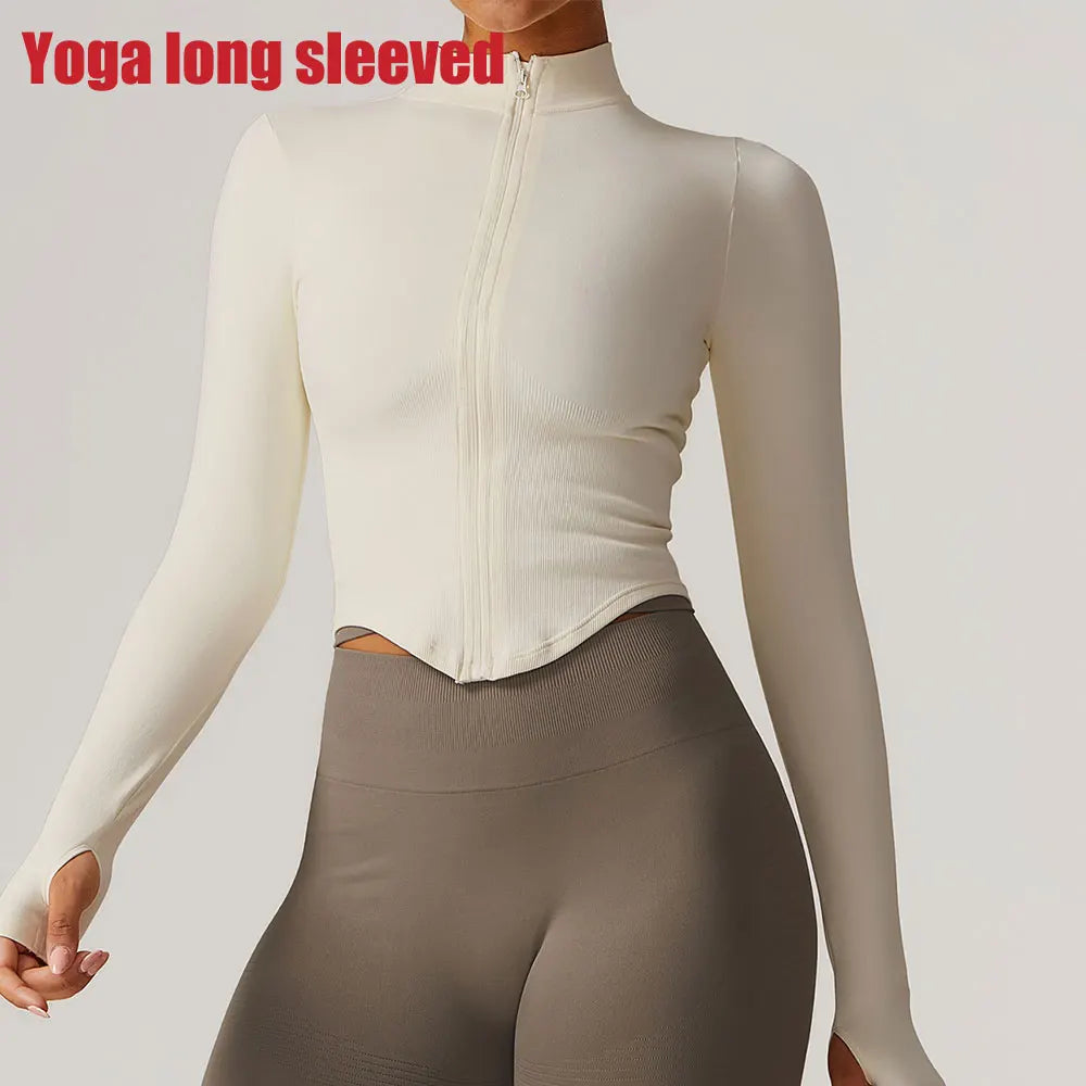 🔥 Women’s Zipper Crop Jacket – Long Sleeve Yoga Sports Top