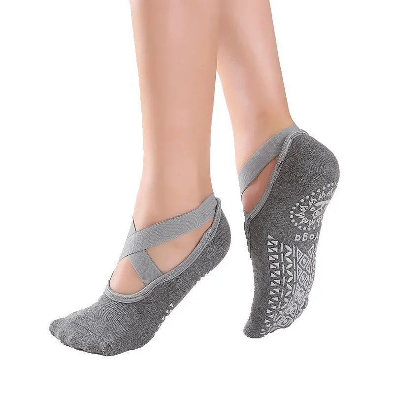 Women’s Anti-Slip Yoga Socks – Ballet Style Dance Grip Socks with Bandage Straps