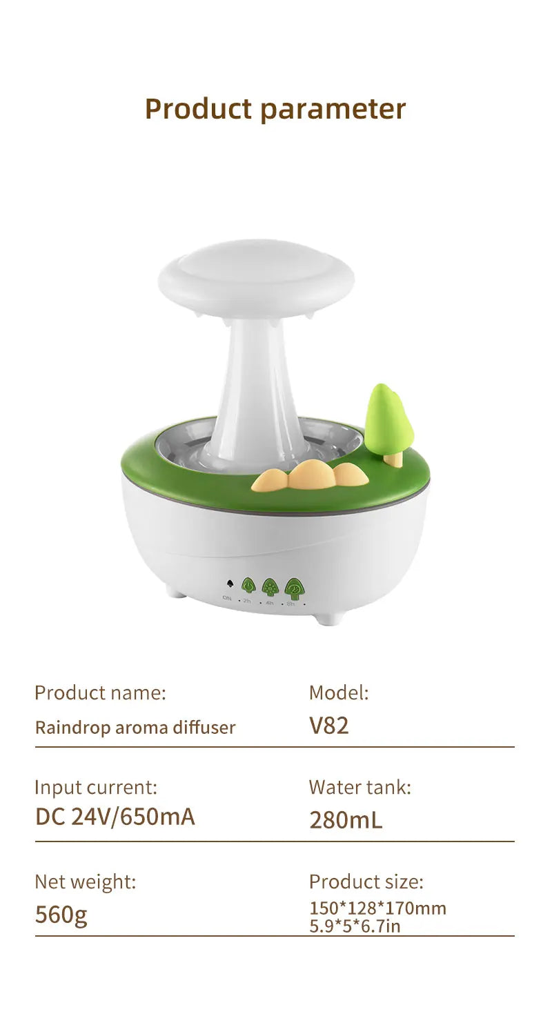 Mushroom Raindrop Aroma Diffuser – Night Light Essential Oil Humidifier for Home