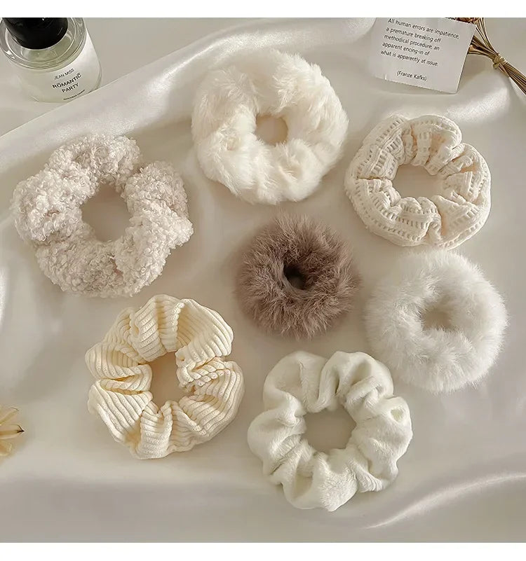 7pcs Fuzzy Knit Scrunchies – Soft Elastic Hair Bands for Girls