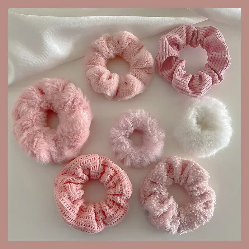 7pcs Fuzzy Knit Scrunchies – Soft Elastic Hair Bands for Girls