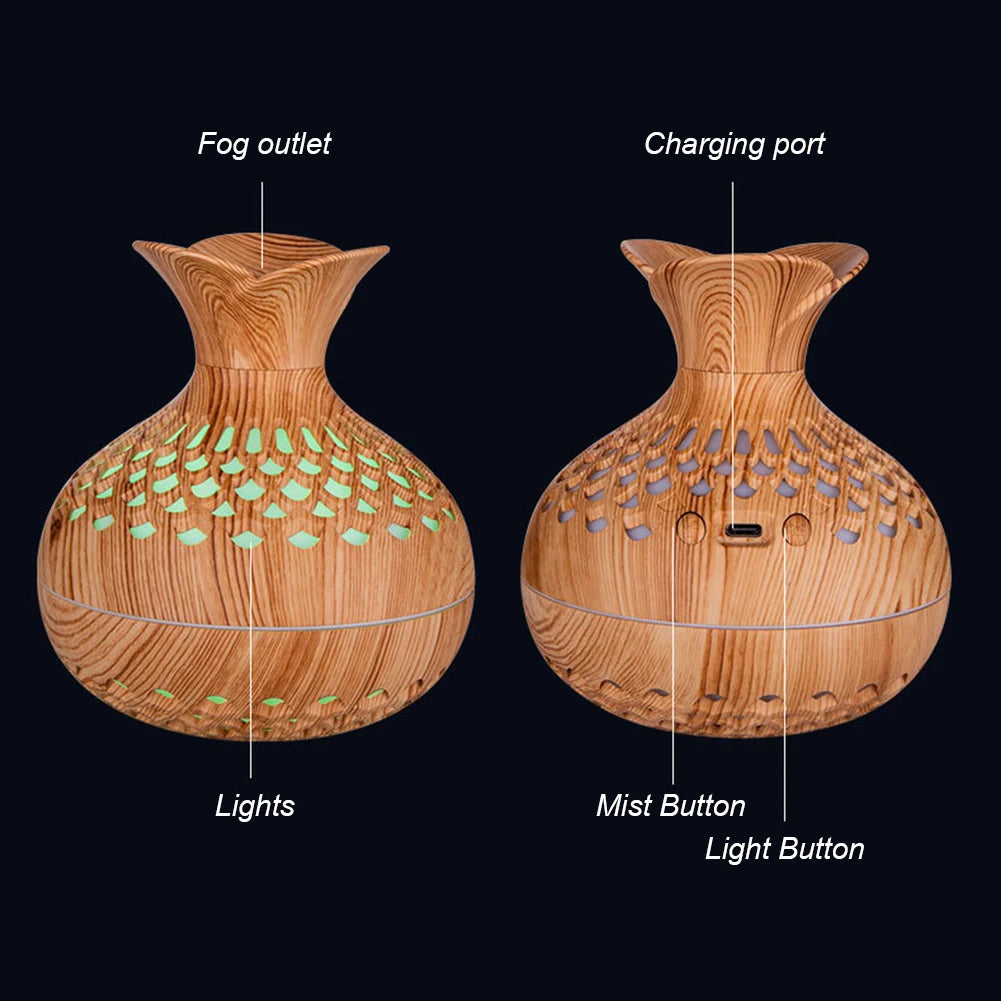 300ml Wood Grain Flower Diffuser – USB Rechargeable Aromatherapy Humidifier with Light