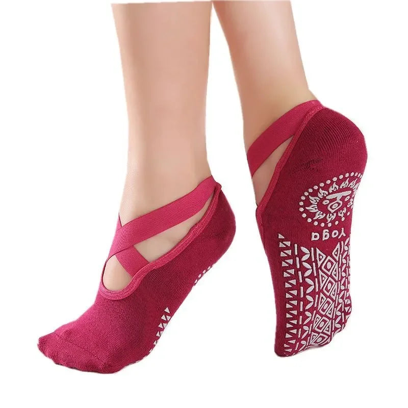 Women’s Anti-Slip Yoga Socks – Ballet Style Dance Grip Socks with Bandage Straps