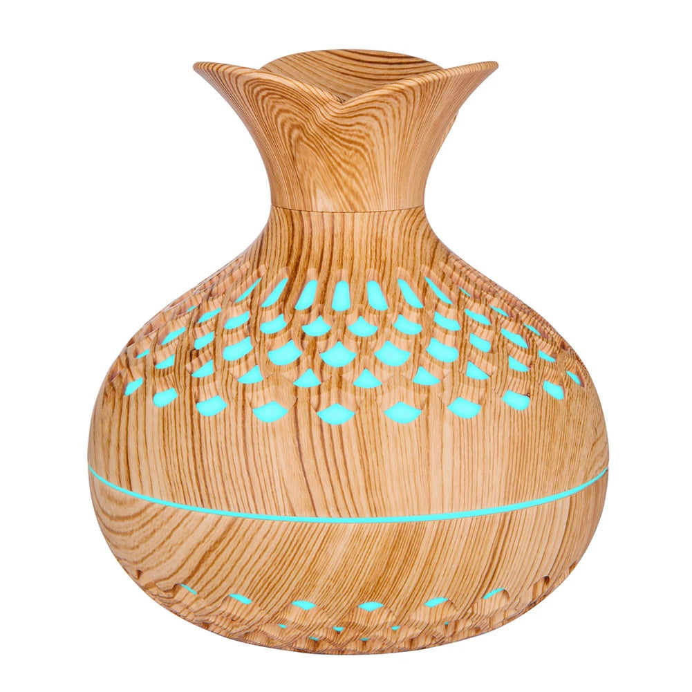 300ml Wood Grain Flower Diffuser – USB Rechargeable Aromatherapy Humidifier with Light