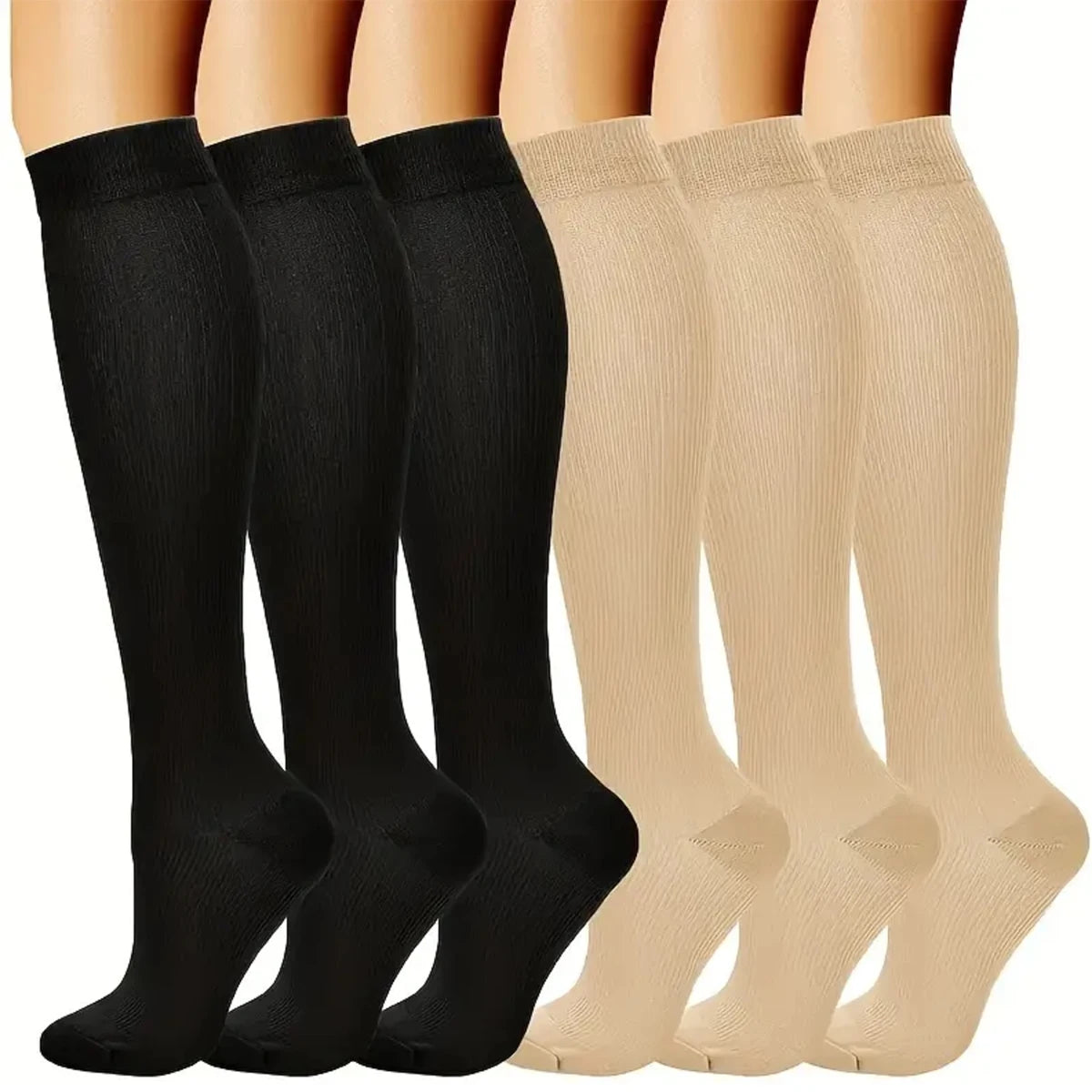 🧦 6 Pairs Compression Socks – Nurse Support Stockings Black/Skin Tone