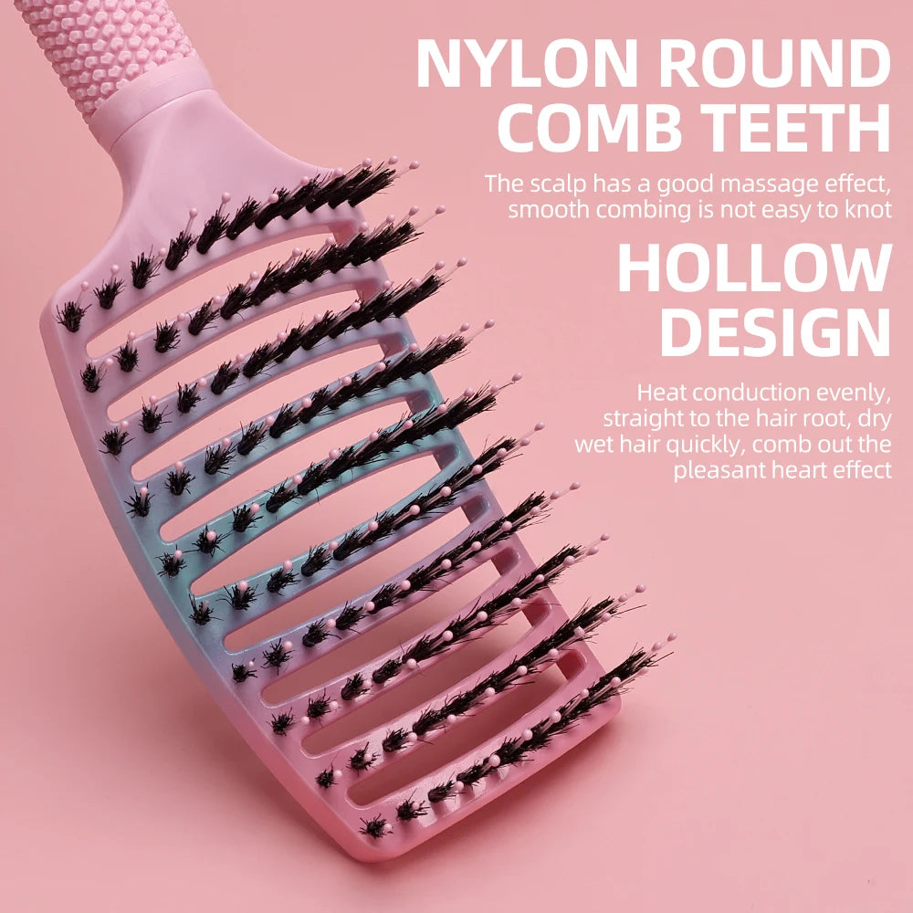 Nylon & Boar Bristle Barber Brush – Scalp Massage Comb for Wet/Curly Hair