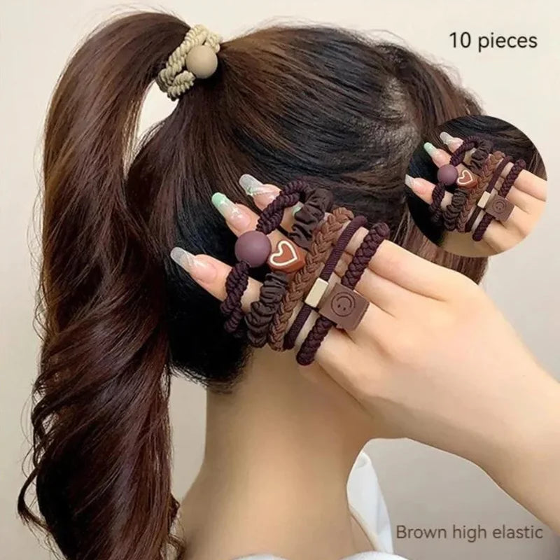 10pcs High Elastic Hair Bands Set – Simple Leather Ponytail Holders
