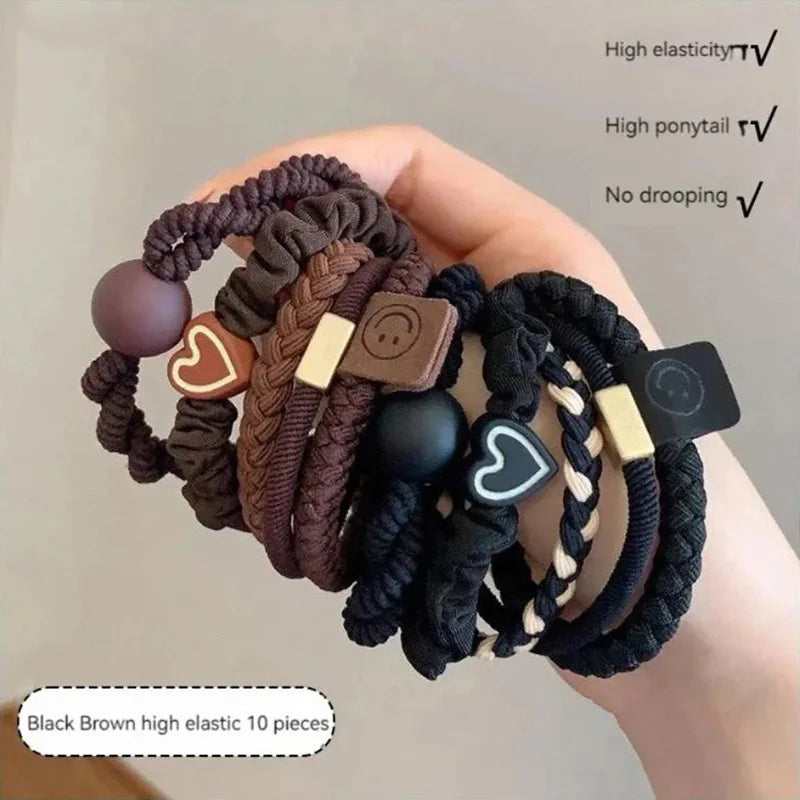10pcs High Elastic Hair Bands Set – Simple Leather Ponytail Holders