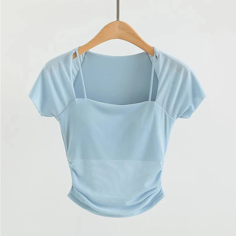 💪 Short Sleeve Padded Yoga Shirt – Sports Crop Top T-Shirt for Women