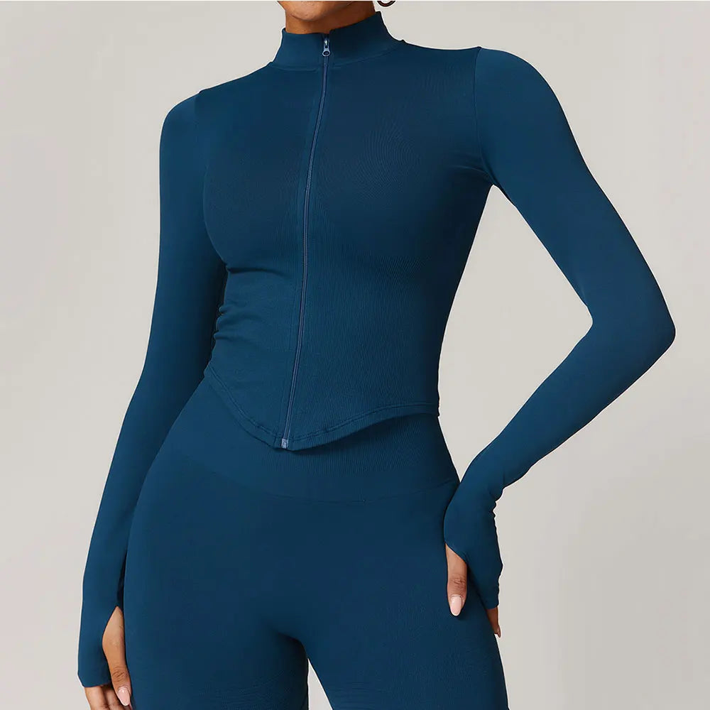 🔥 Women’s Zipper Crop Jacket – Long Sleeve Yoga Sports Top