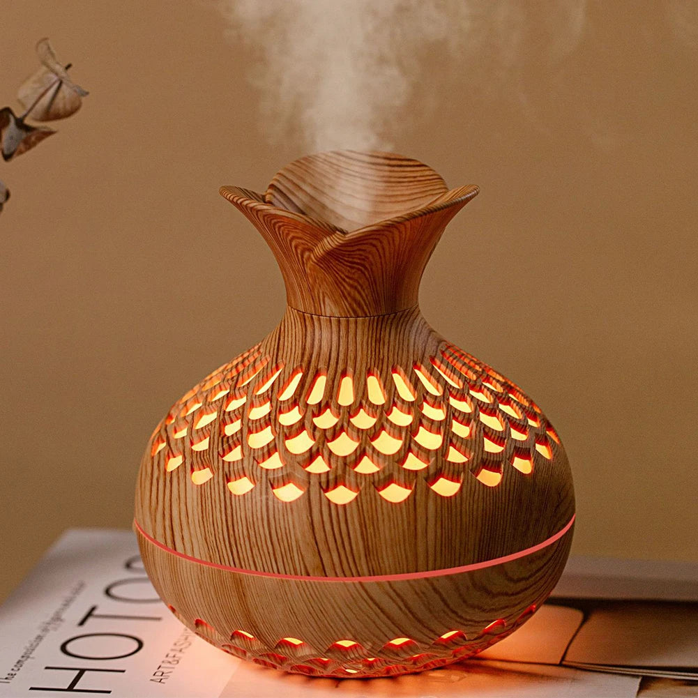 300ml Wood Grain Flower Diffuser – USB Rechargeable Aromatherapy Humidifier with Light