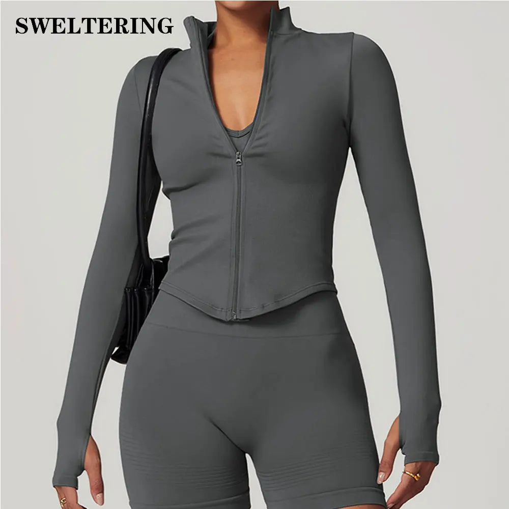 🔥 Women’s Zipper Crop Jacket – Long Sleeve Yoga Sports Top
