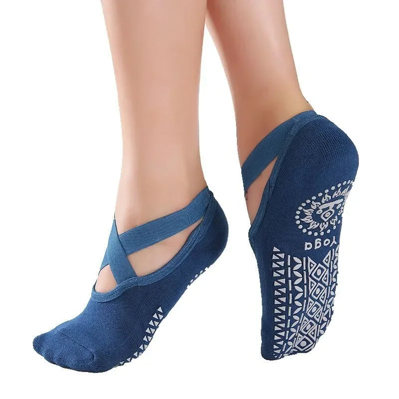 Women’s Anti-Slip Yoga Socks – Ballet Style Dance Grip Socks with Bandage Straps