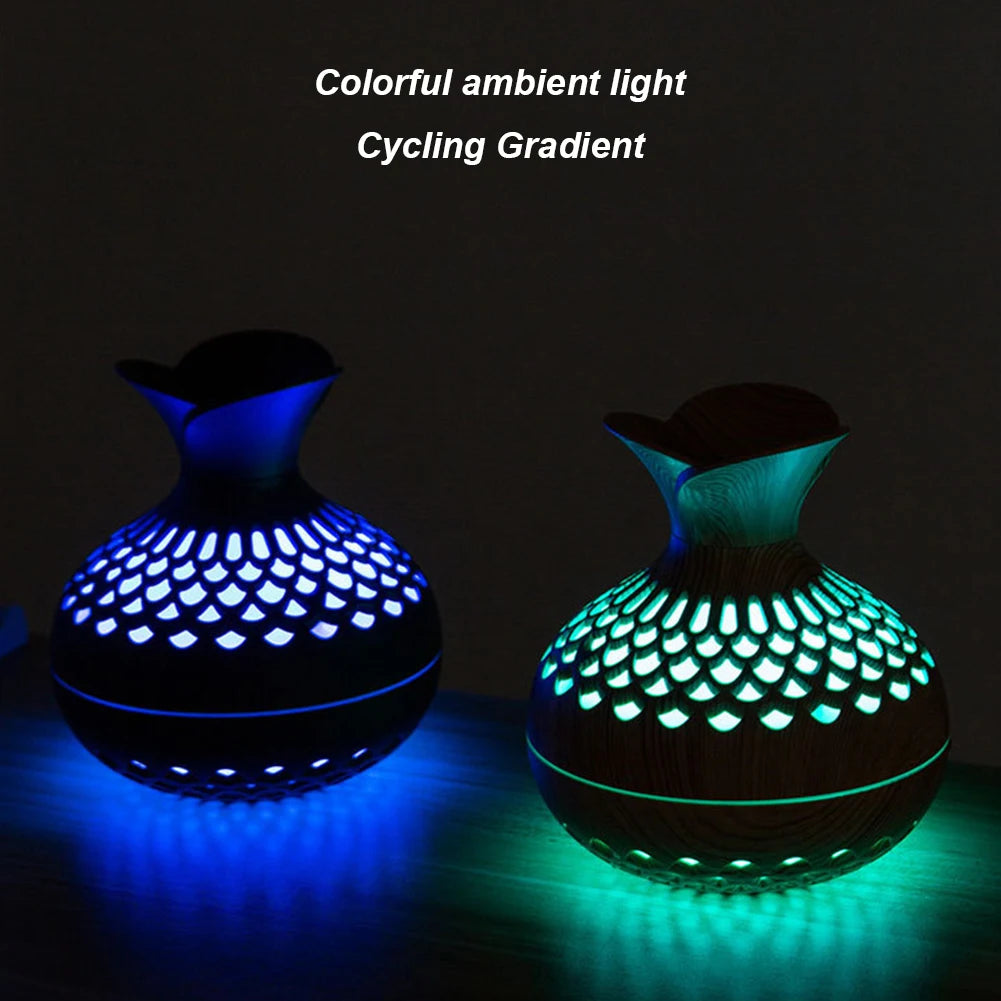 300ml Wood Grain Flower Diffuser – USB Rechargeable Aromatherapy Humidifier with Light