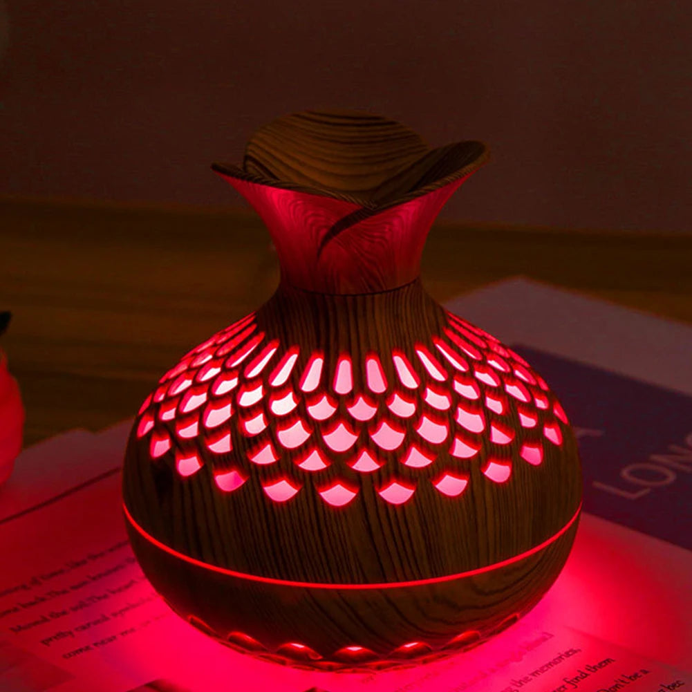 300ml Wood Grain Flower Diffuser – USB Rechargeable Aromatherapy Humidifier with Light