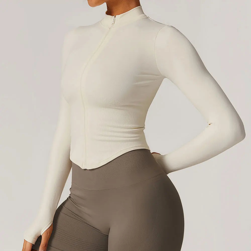 🔥 Women’s Zipper Crop Jacket – Long Sleeve Yoga Sports Top