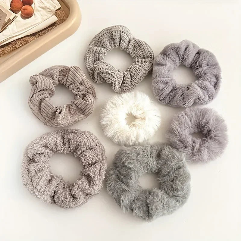 7pcs Fuzzy Knit Scrunchies – Soft Elastic Hair Bands for Girls