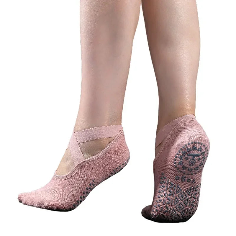 Women’s Anti-Slip Yoga Socks – Ballet Style Dance Grip Socks with Bandage Straps