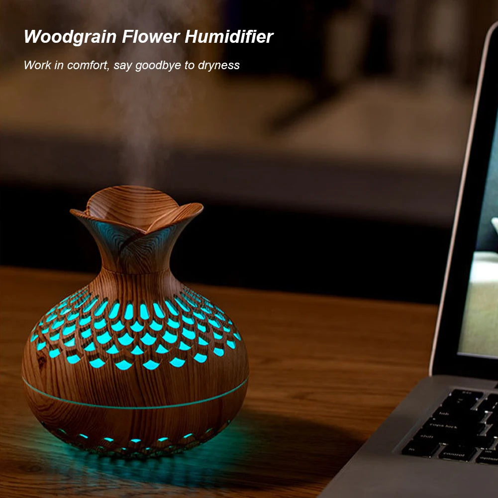 300ml Wood Grain Flower Diffuser – USB Rechargeable Aromatherapy Humidifier with Light