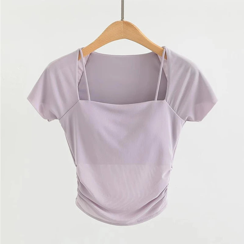💪 Short Sleeve Padded Yoga Shirt – Sports Crop Top T-Shirt for Women