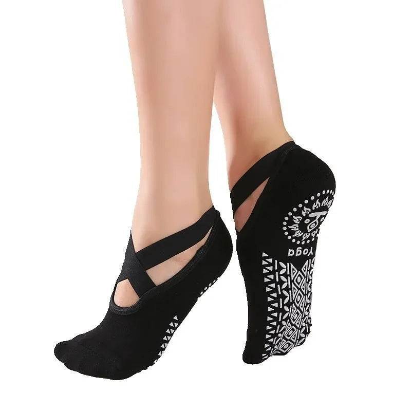 Women’s Anti-Slip Yoga Socks – Ballet Style Dance Grip Socks with Bandage Straps