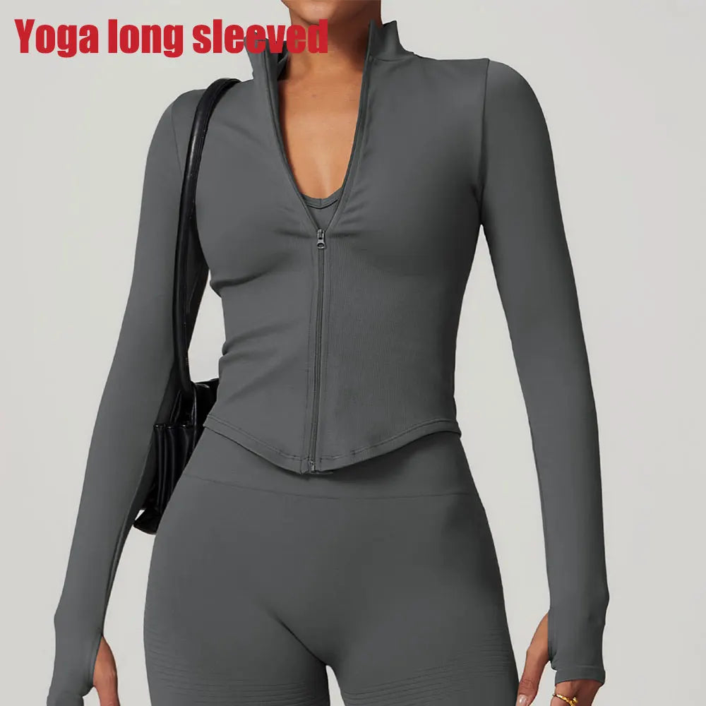 🔥 Women’s Zipper Crop Jacket – Long Sleeve Yoga Sports Top