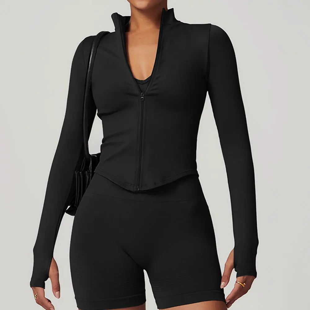 Women’s Zipper Crop Jacket – Long Sleeve Yoga Sports Top for Workout & Gym
