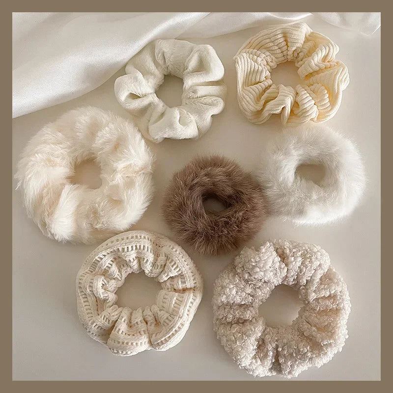 7pcs Fuzzy Knit Scrunchies – Soft Elastic Hair Bands for Girls
