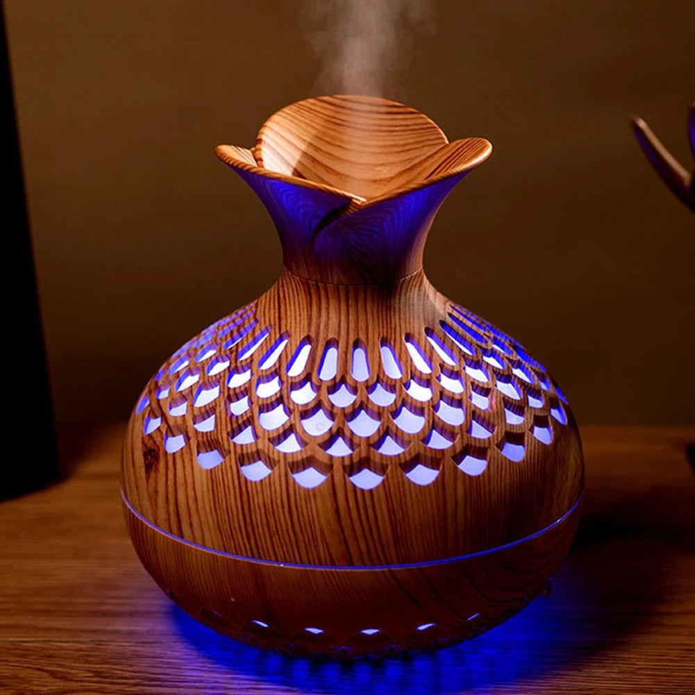 300ml Wood Grain Flower Diffuser – USB Rechargeable Aromatherapy Humidifier with Light