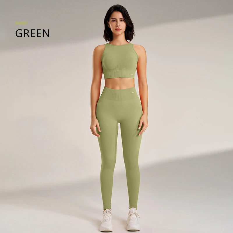 🧵 Seamless Yoga Clothing Set – High Waist Leggings + Fitness Top
