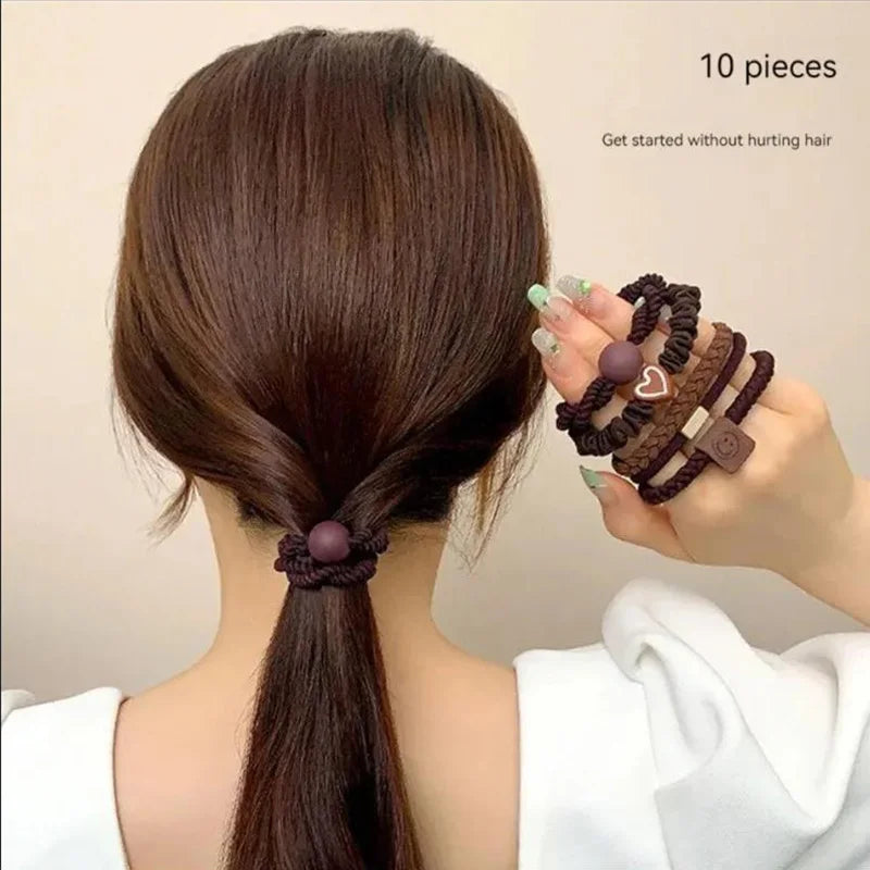 10pcs High Elastic Hair Bands Set – Simple Leather Ponytail Holders