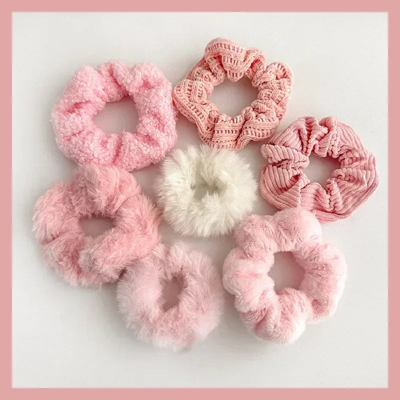 7pcs Fuzzy Knit Scrunchies – Soft Elastic Hair Bands for Girls