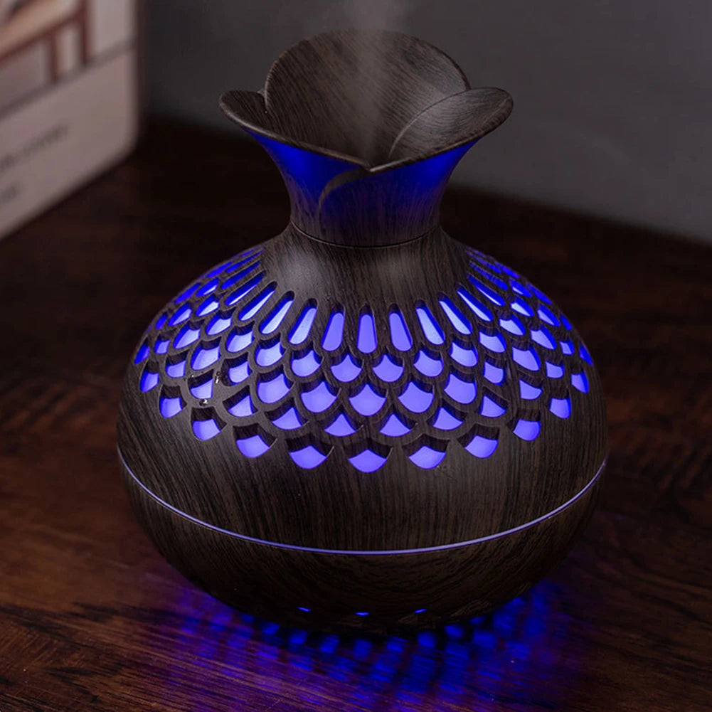 300ml Wood Grain Flower Diffuser – USB Rechargeable Aromatherapy Humidifier with Light