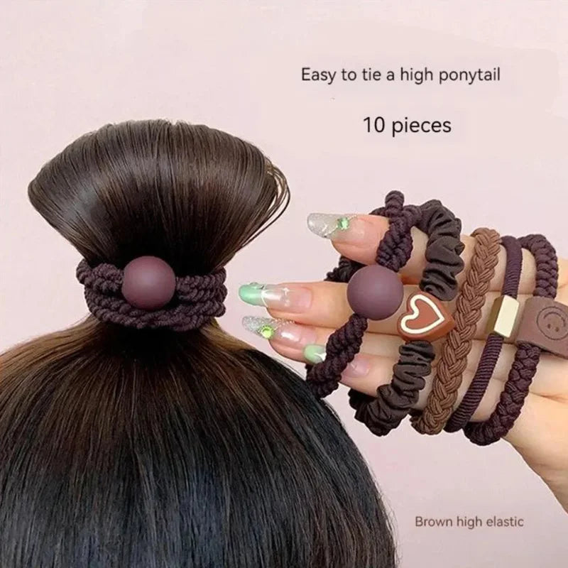 10pcs High Elastic Hair Bands Set – Simple Leather Ponytail Holders