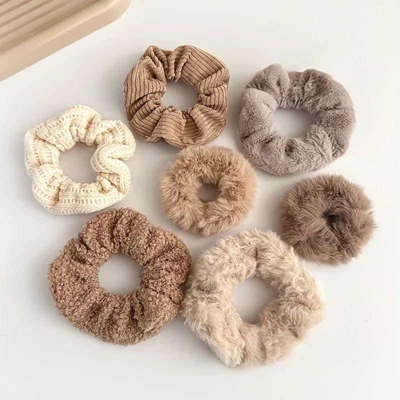 7pcs Fuzzy Knit Scrunchies – Soft Elastic Hair Bands for Girls
