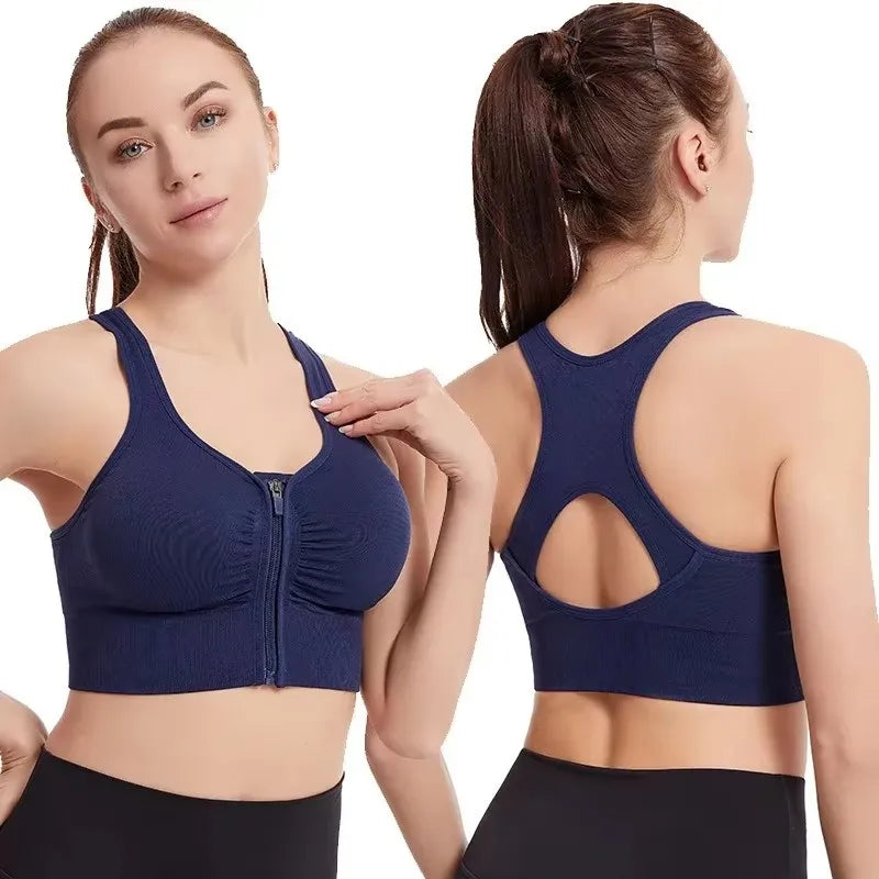 Women’s Zipper Front Sports Bra – Padded Gym Fitness Top for Workout & Yoga
