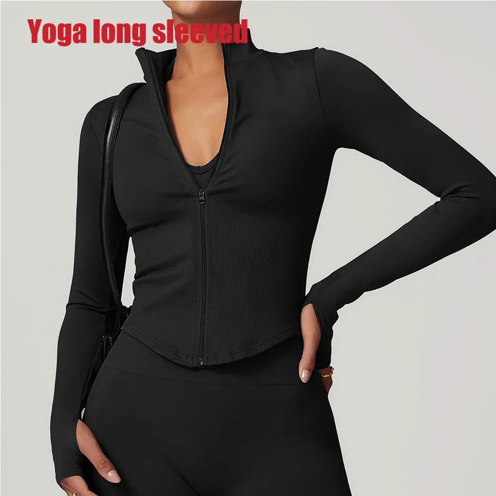 🔥 Women’s Zipper Crop Jacket – Long Sleeve Yoga Sports Top